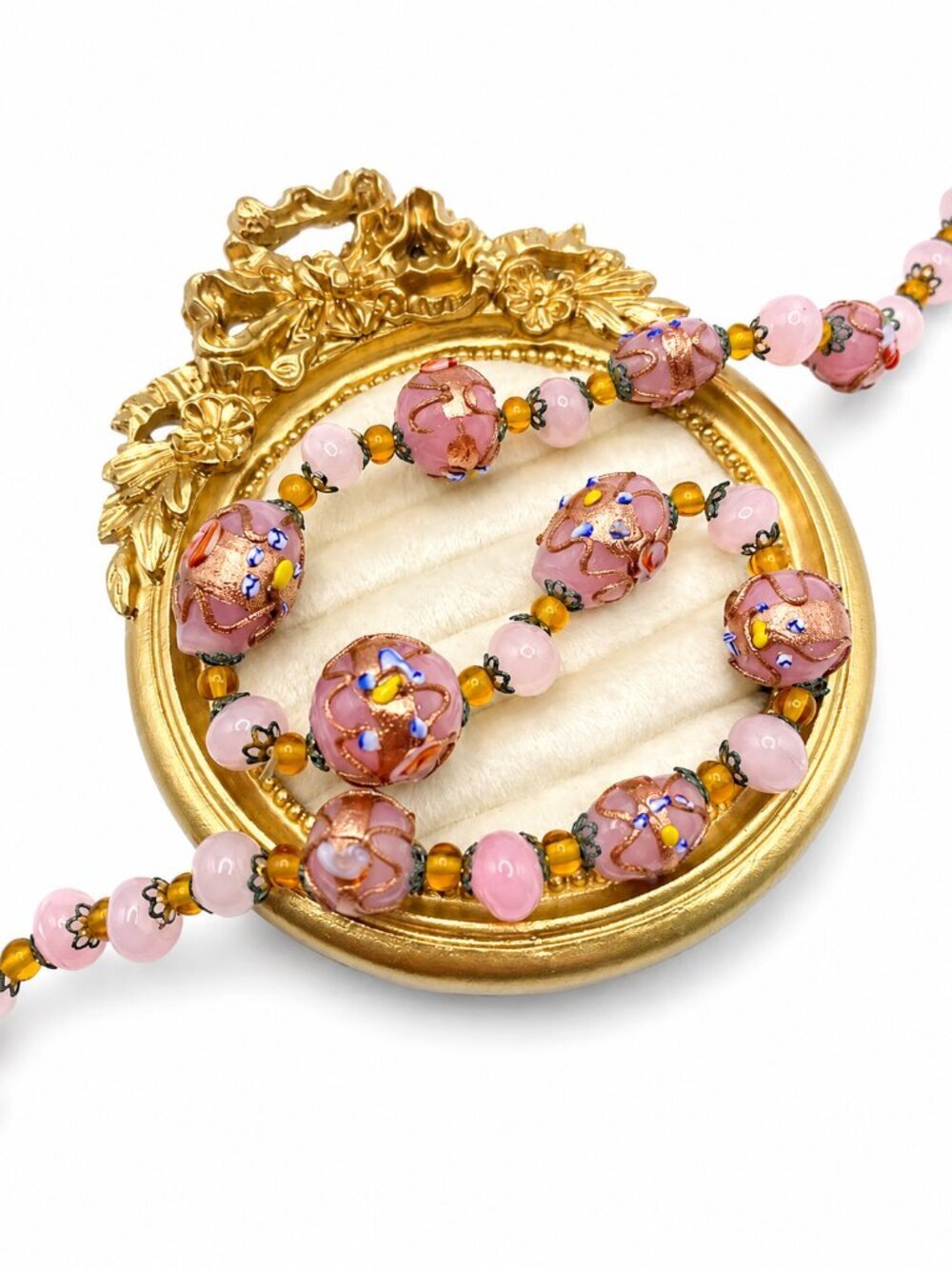 Vintage Venetian Wedding Cake Glass Bead Necklace Pink Murano Style 21”